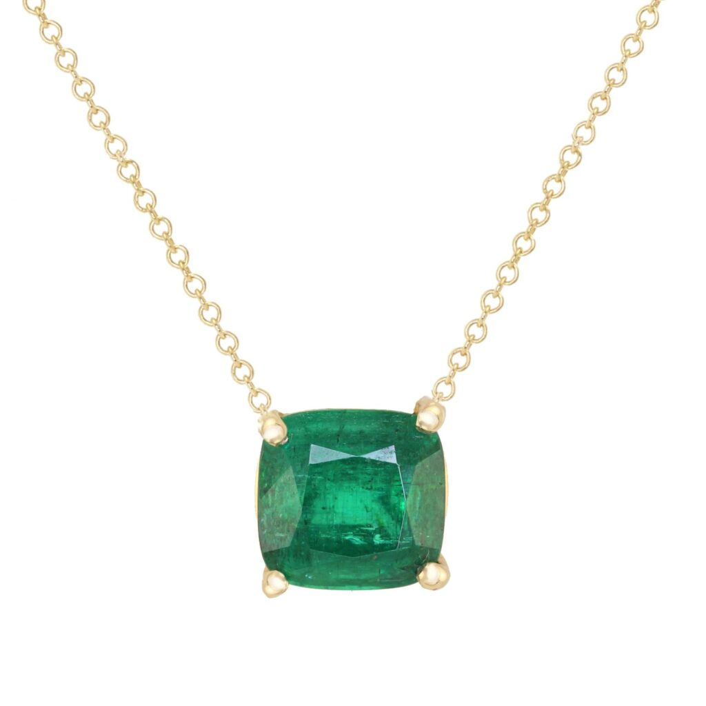 925 Sterling Silver Cushion Solitaire Emerald Prong Necklace