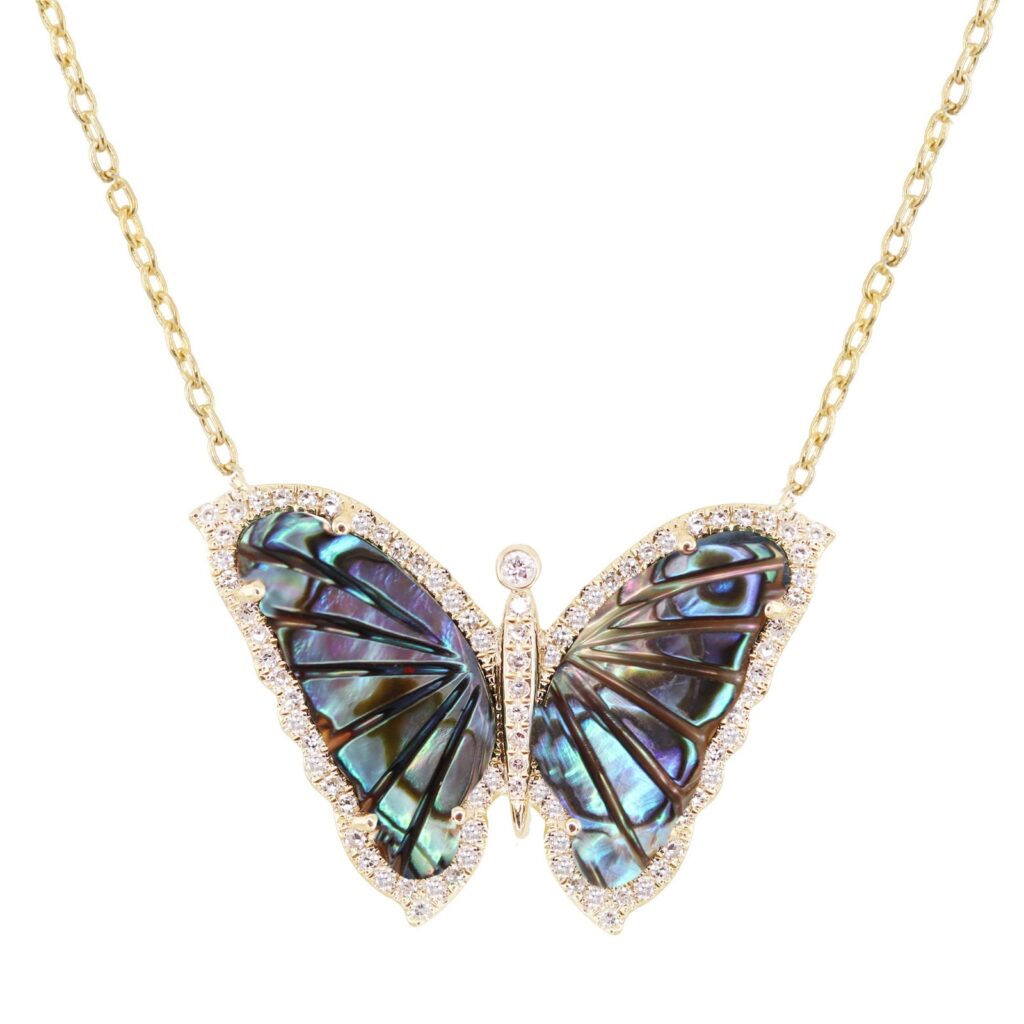 925 Sterling Silver Diamond Abalone Baby Butterfly Necklace
