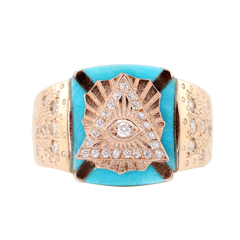 925 Sterling Silver Diamond and Turquoise Pyramid Eye Ring