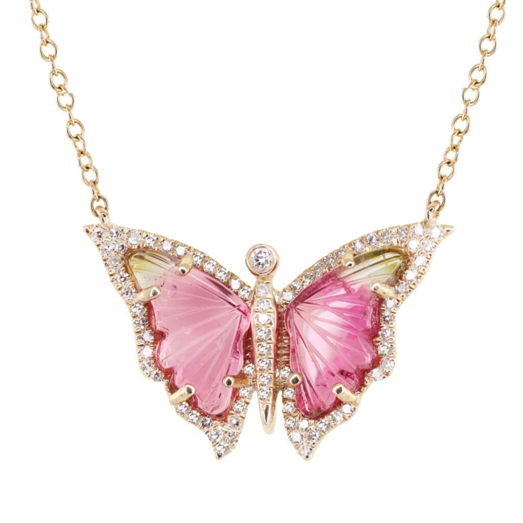925 Sterling Silver Diamond Baby Watermelon Tourmaline Butterfly Necklace
