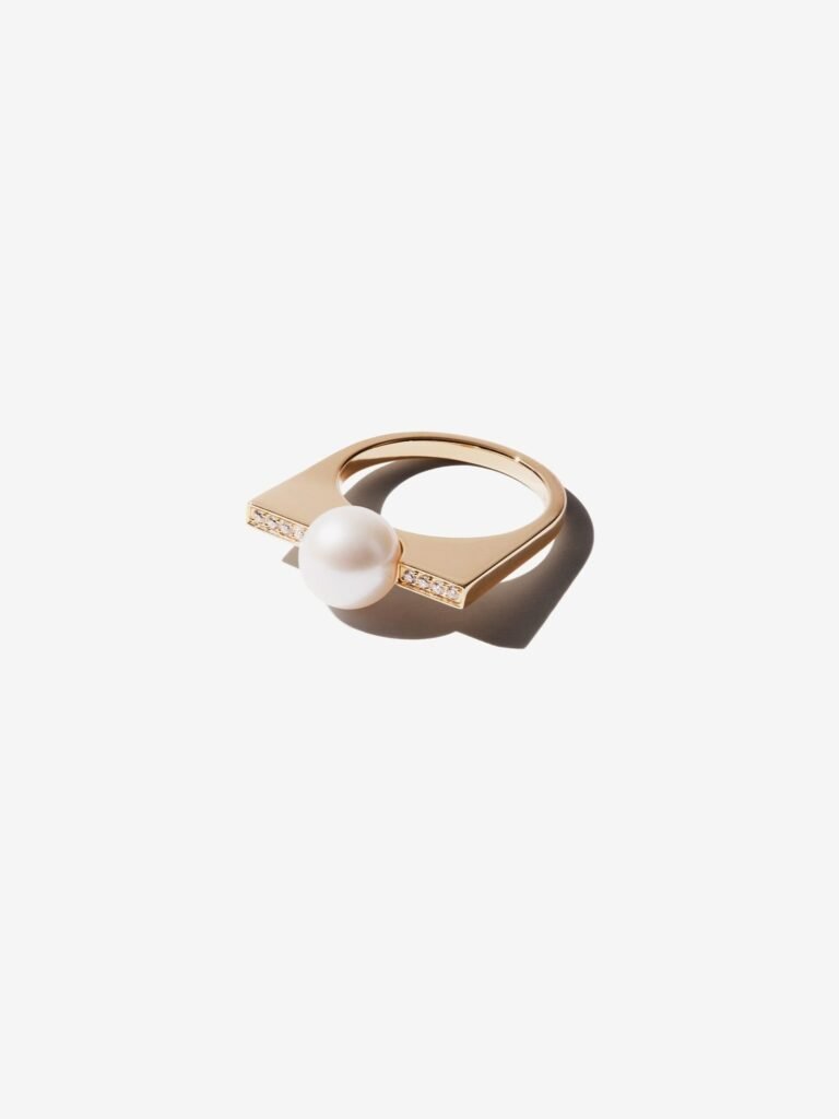 925 Sterling Silver Diamond Bar and Pearl Ring