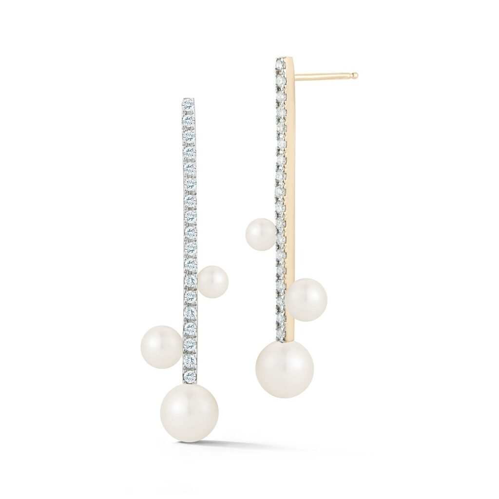 925 Sterling Silver Diamond Bar Trio Pearl Earring