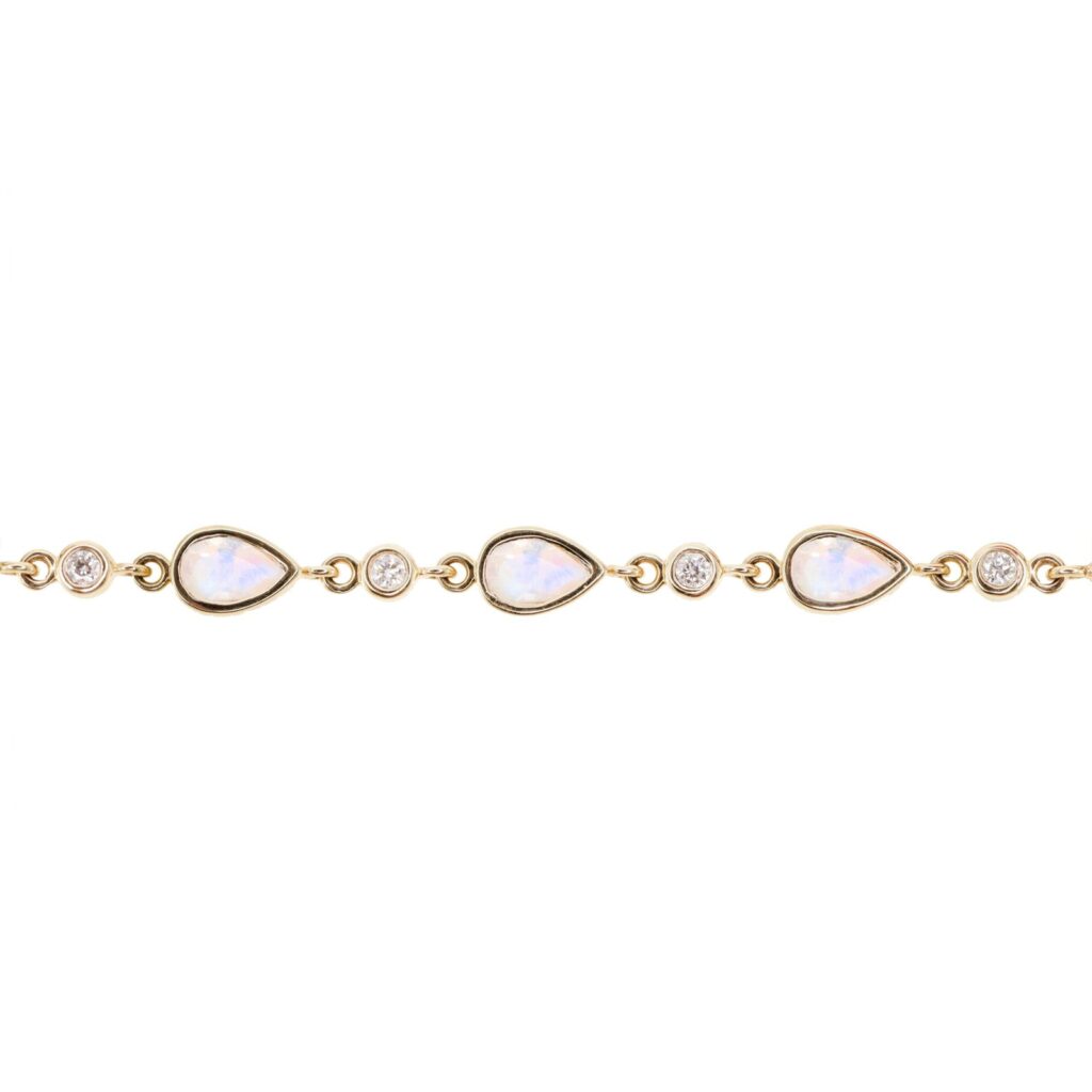 925 Sterling Silver Diamond Bezel Moonstone Beaded Bracelet