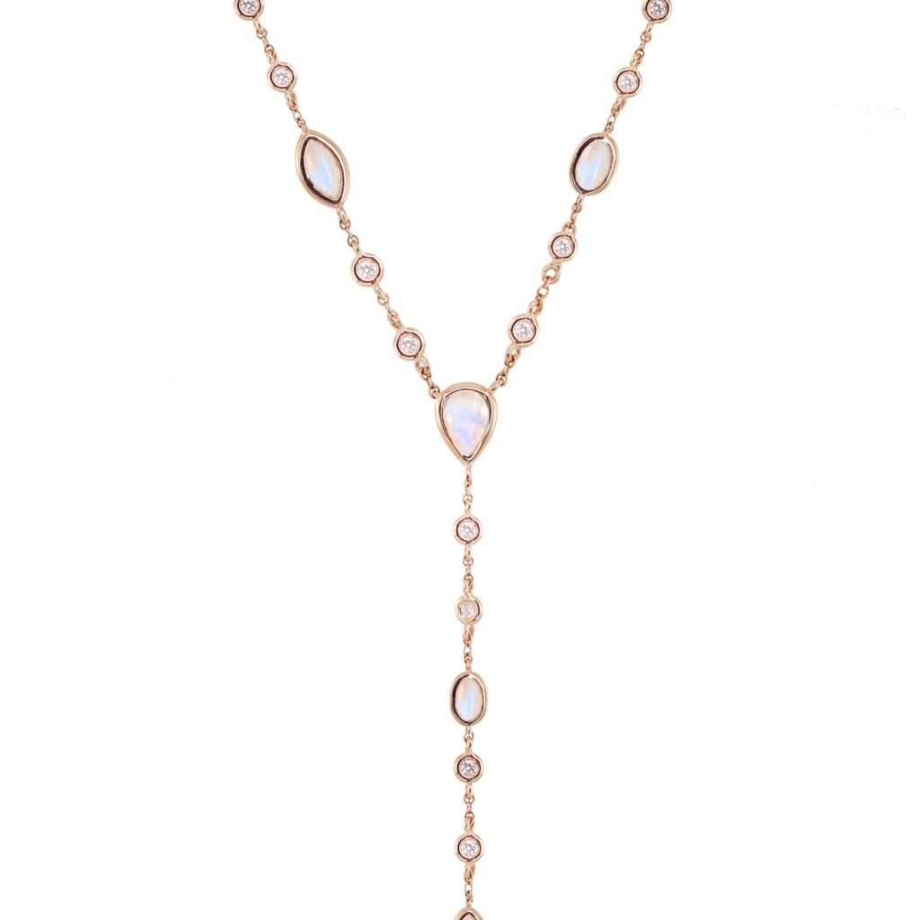 925 Sterling Silver Diamond Bezel Moonstone Lariat Necklace