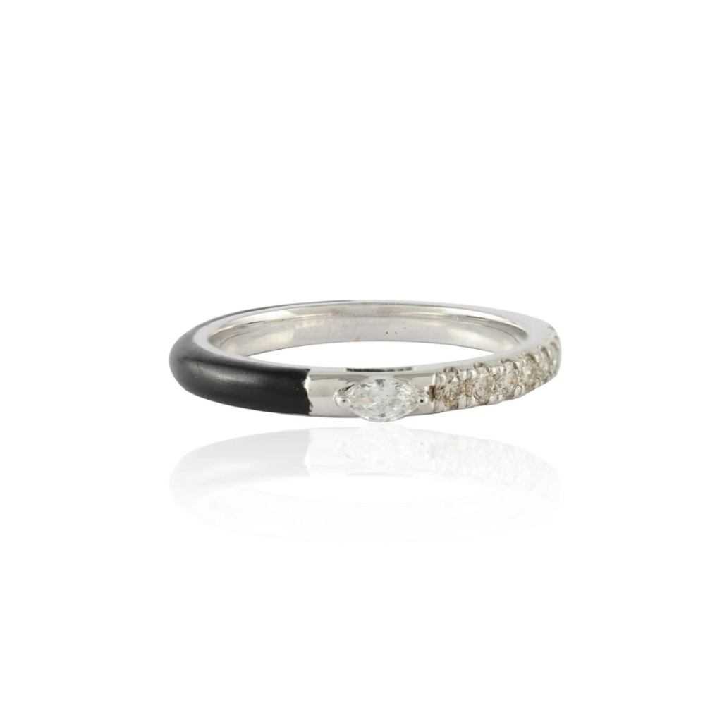 925 Sterling Silver Diamond Black Enamel Ring