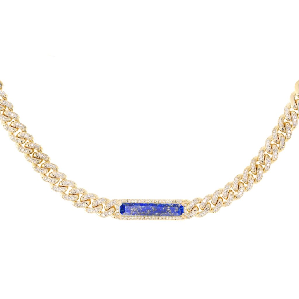 925 Sterling Silver Diamond Chain Link Lapis Choker
