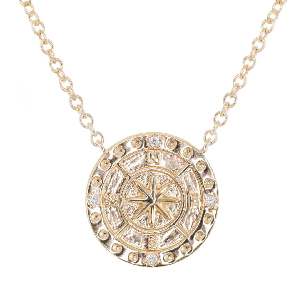 925 Sterling Silver Diamond Compass Coin Necklace