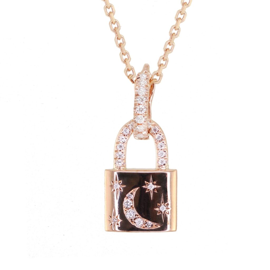 925 Sterling Silver Diamond Crescent Starburst Lock Necklace