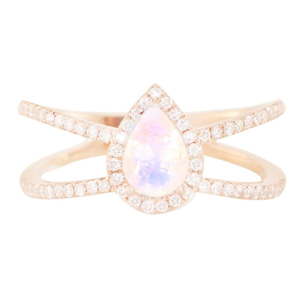 925 Sterling Silver Diamond Double Band Teardrop Moonstone Ring