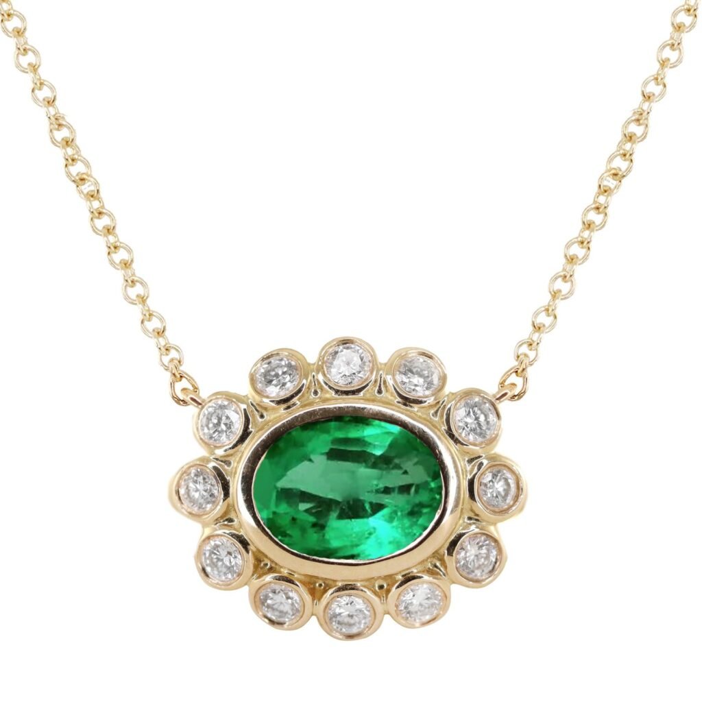 925 Sterling Silver Diamond Emerald Bezel Burst Necklace