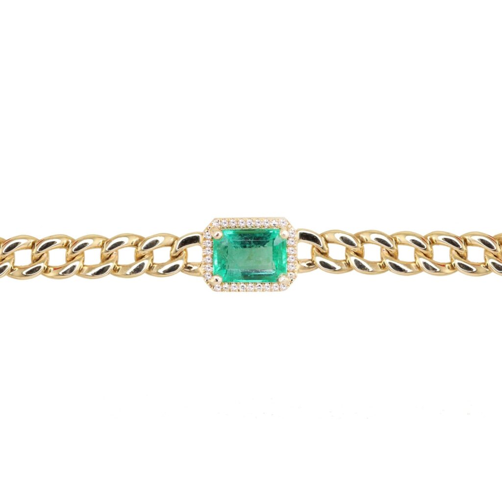 925 Sterling Silver Diamond Emerald Chain Link Bracelet