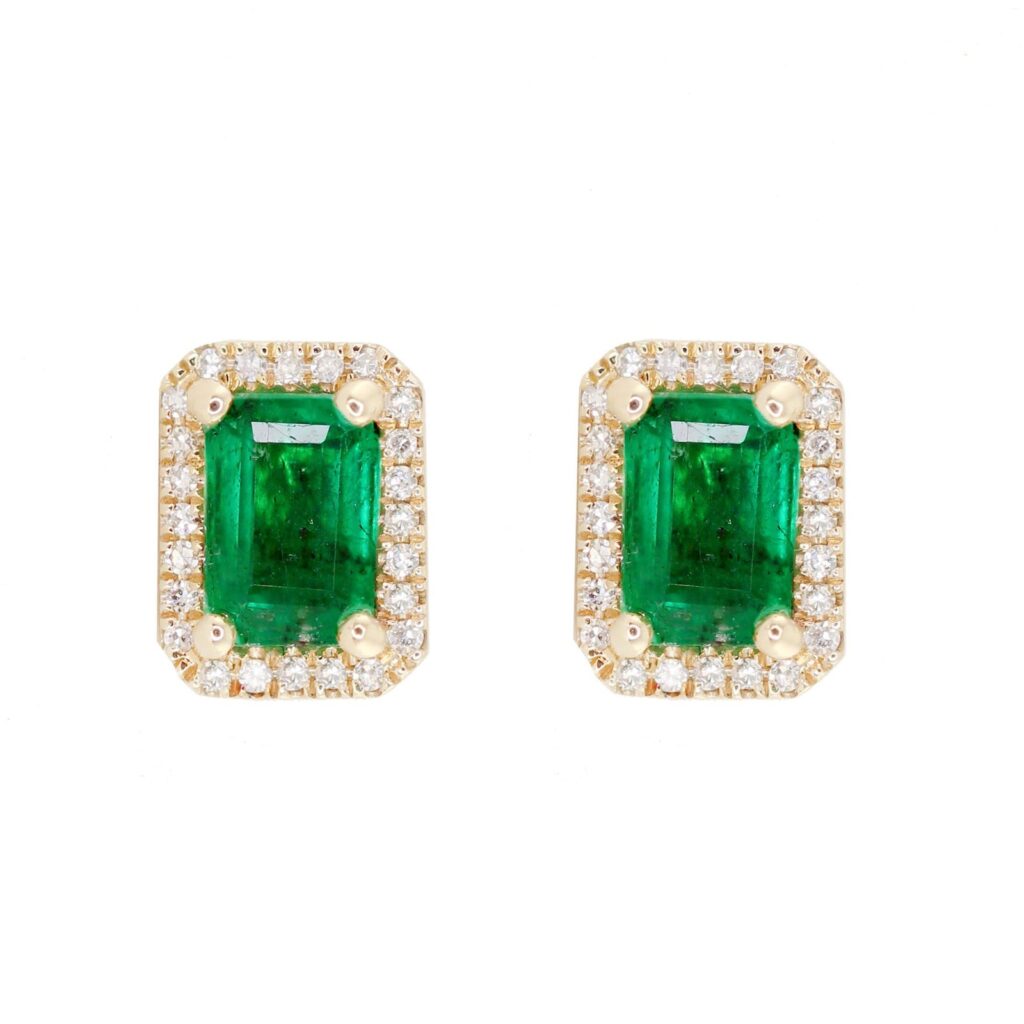 925 Sterling Silver Diamond Emerald Cut Emerald Stud