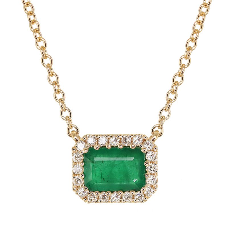 925 Sterling Silver Diamond Emerald Halo Necklace