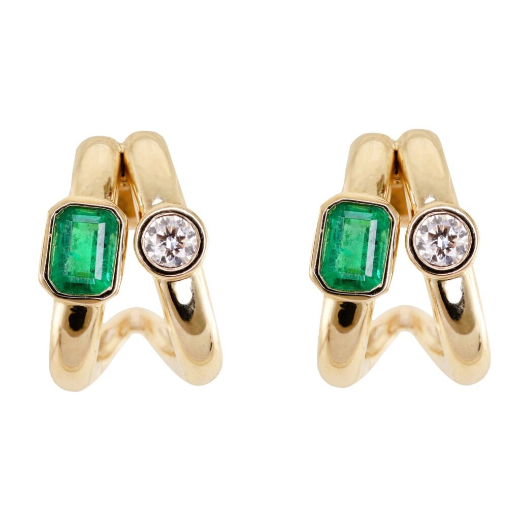 925 Sterling Silver Diamond Emerald Split Hoop