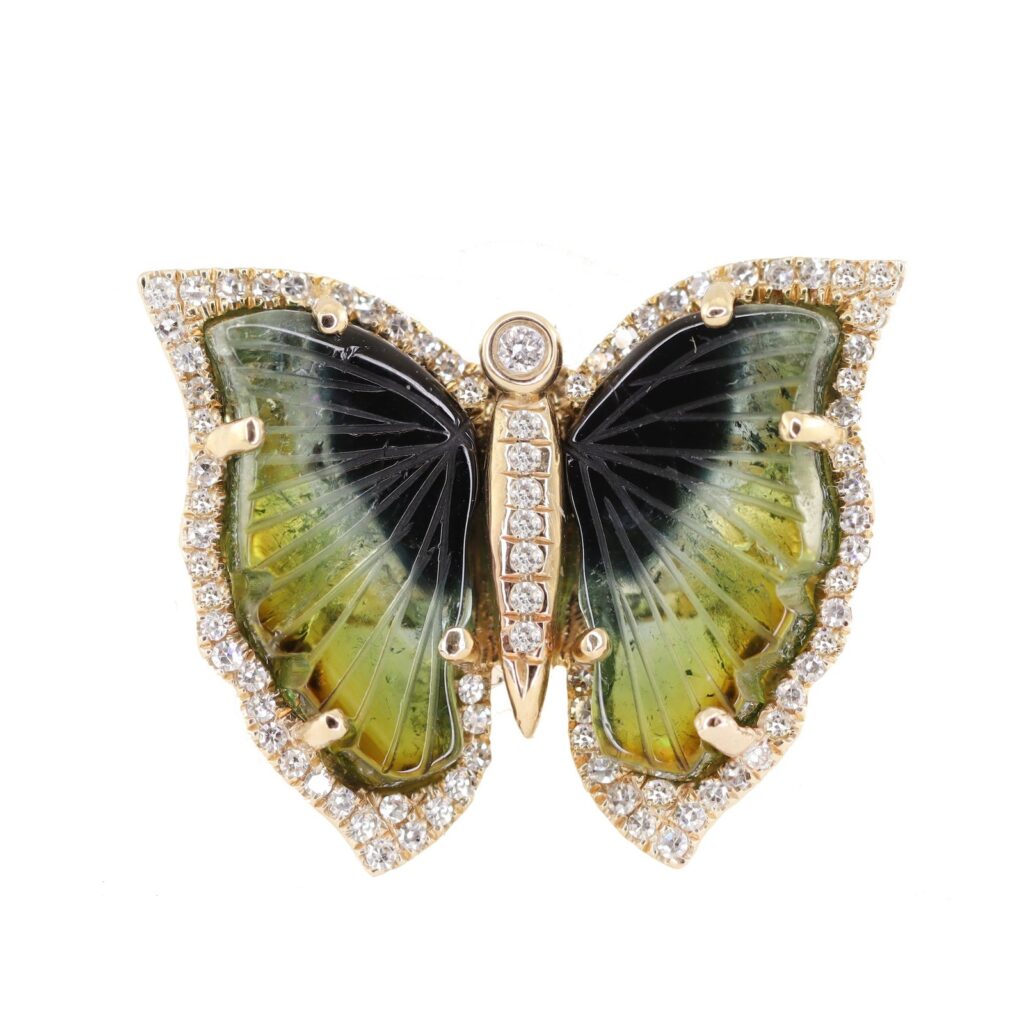 925 Sterling Silver Diamond Green Tourmaline Butterfly Ring
