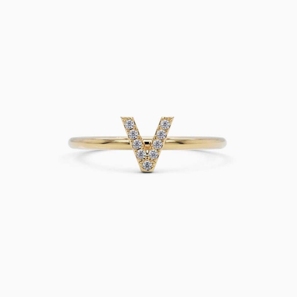 925 Sterling Silver Diamond Initial V Ring