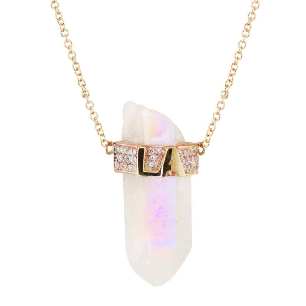 925 Sterling Silver Diamond LA Aura Quartz Crystal Bar Chain