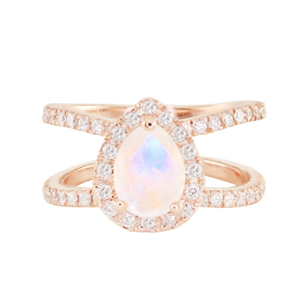 925 Sterling Silver Diamond Large Double Band Teardrop Moonstone Ring