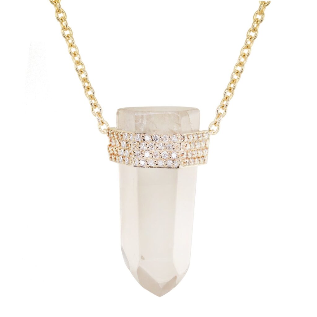 925 Sterling Silver Diamond Mama Quartz Crystal Bar Necklace