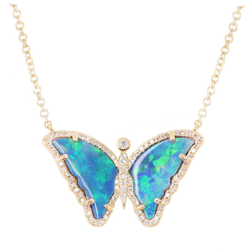 925 Sterling Silver Diamond Mini Baby Opal Butterfly Necklace