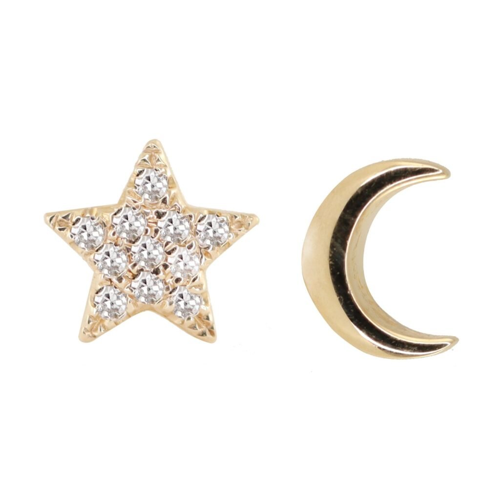 925 Sterling Silver Diamond Mini Star and Moon Stud Earrings