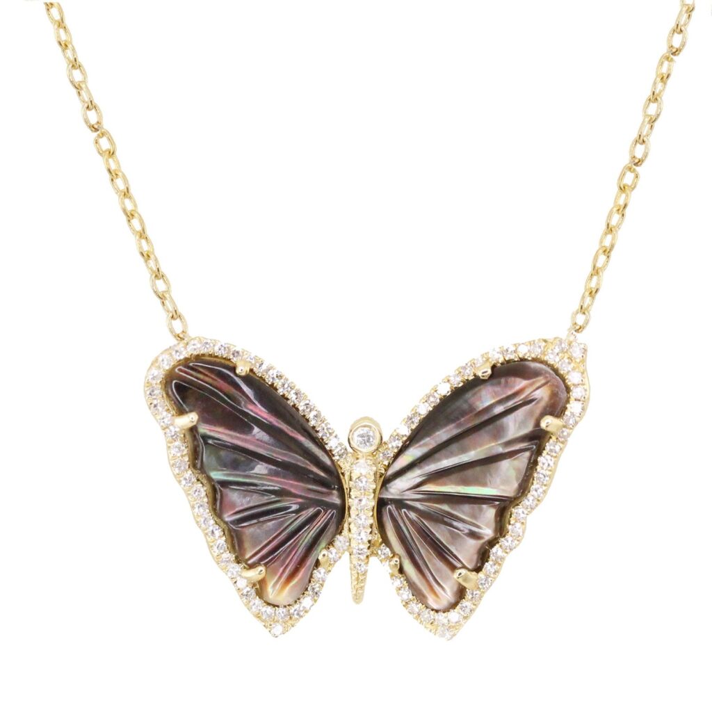 925 Sterling Silver Diamond Mother of Pearl Baby Butterfly Necklace