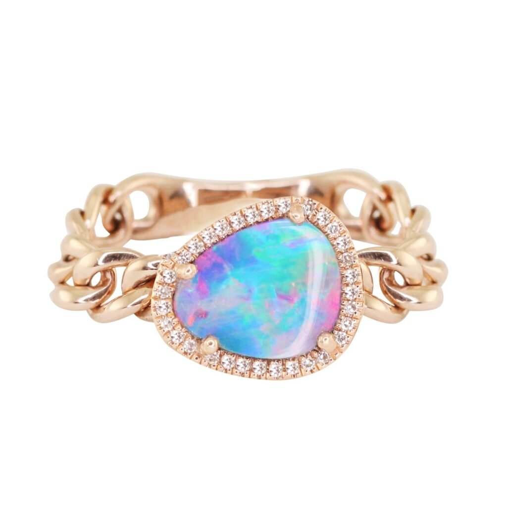 925 Sterling Silver Diamond Opal Chain Ring