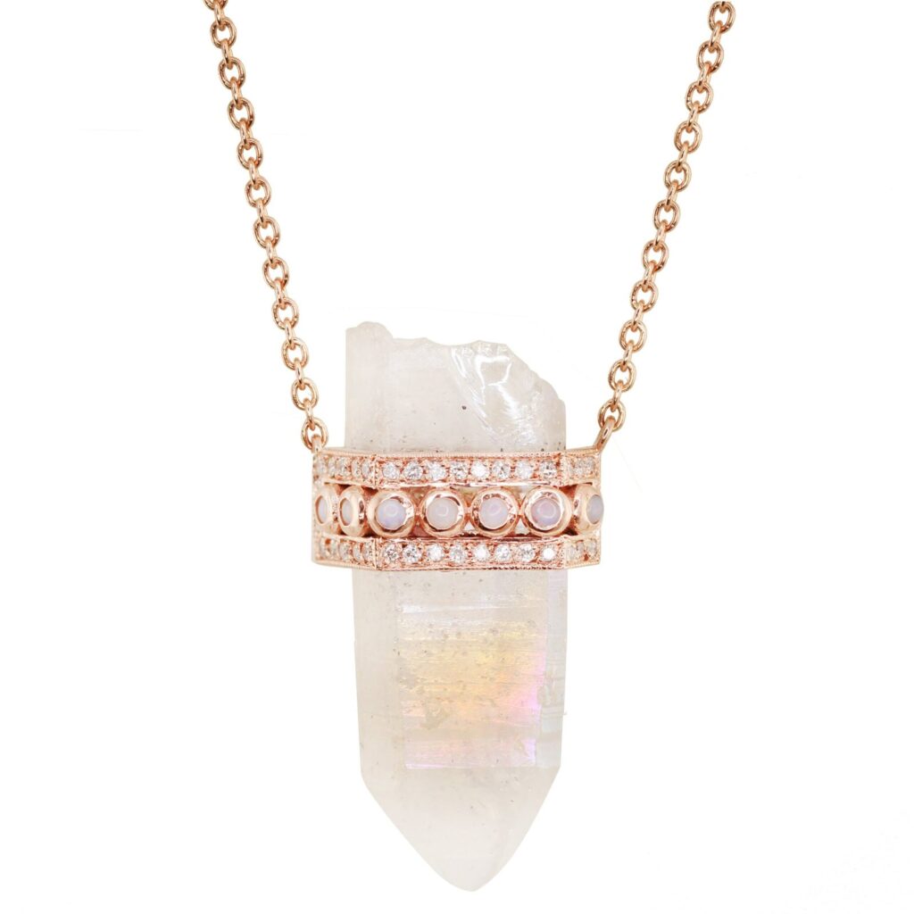 925 Sterling Silver Diamond Opal Quartz Crystal Bar Necklace