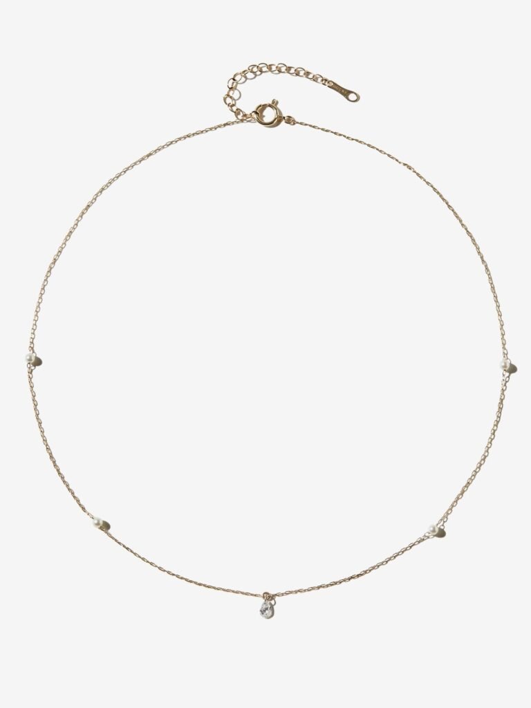 925 Sterling Silver Diamond Pear and Floating Spaced Pearl Necklace