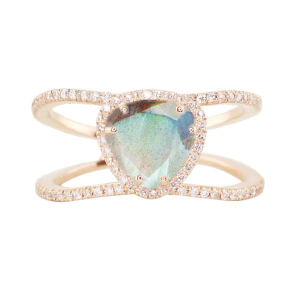 925 Sterling Silver Diamond Petite Triangle Double Band Labradorite Ring