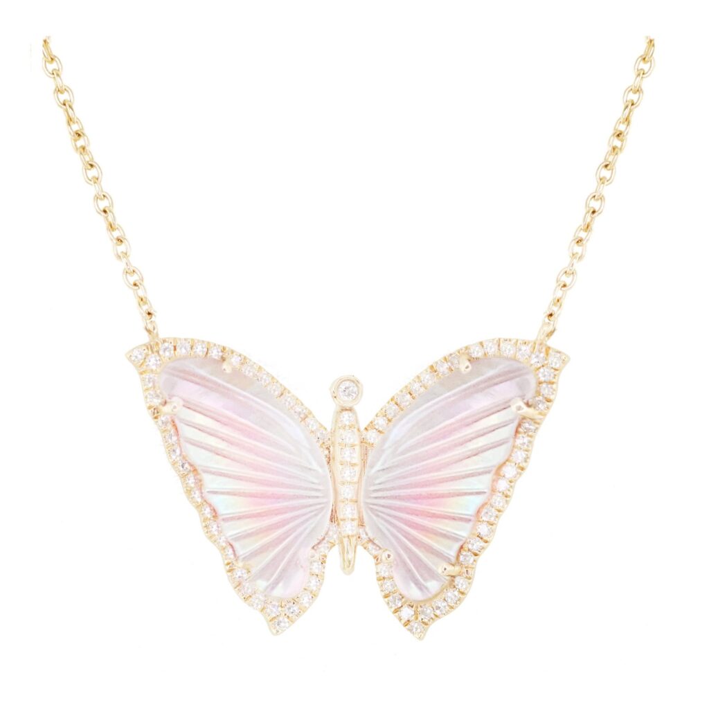 925 Sterling Silver Diamond Pink Mother of Pearl Baby Butterfly Necklace