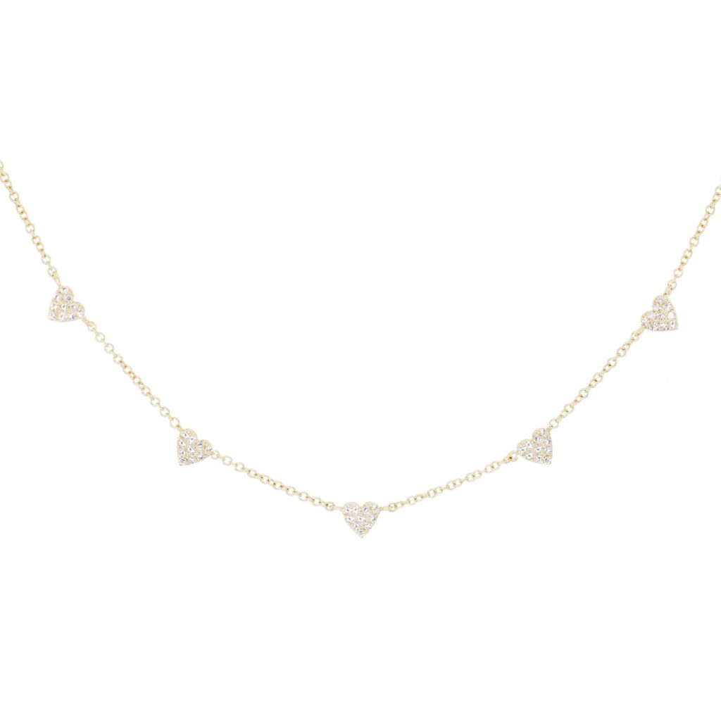 925 Sterling Silver Diamond Row of Hearts Necklace