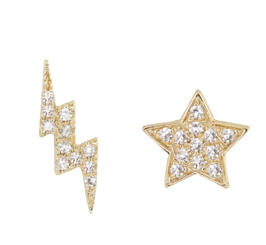 925 Sterling Silver Diamond Star and Bolt Stud Earrings