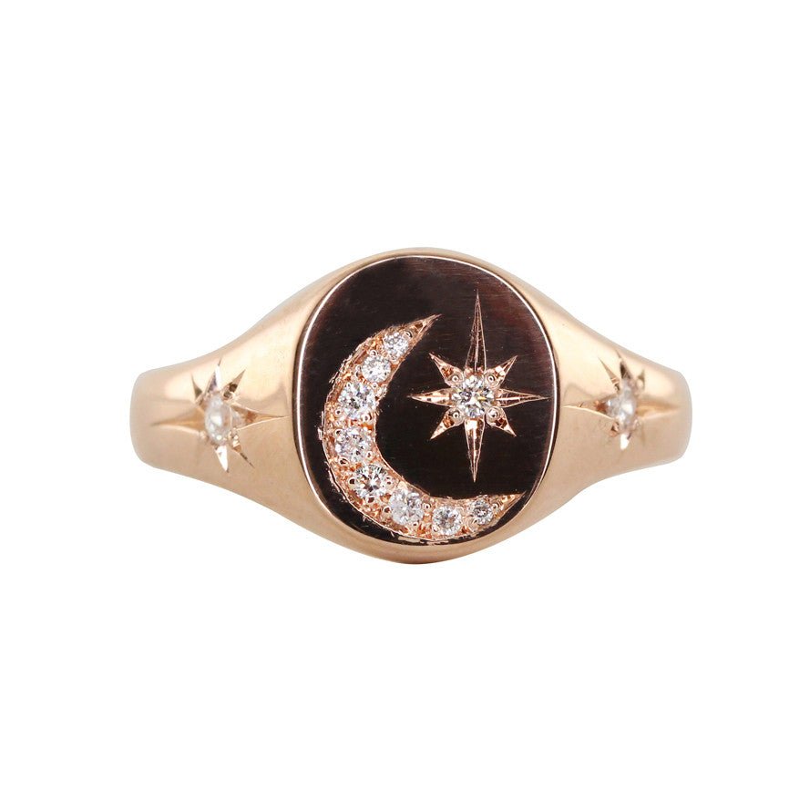 925 Sterling Silver Diamond Star and Moon Signet Ring