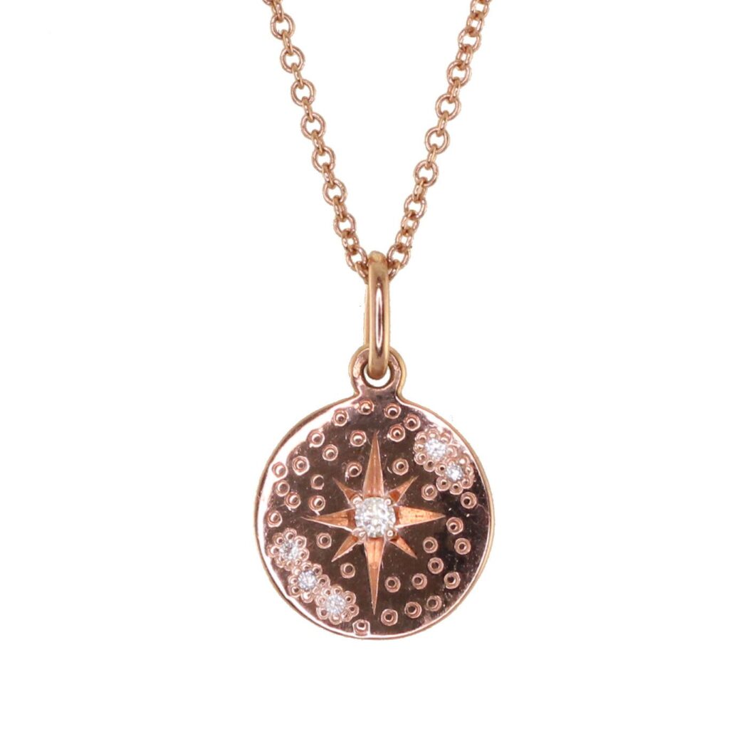 925 Sterling Silver Diamond Starburst Hammered Mini Disk Necklace