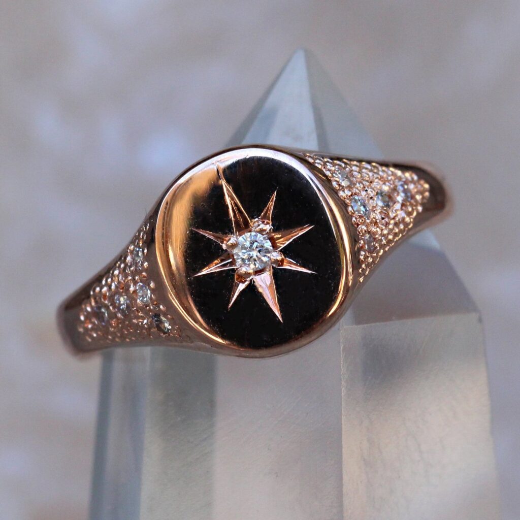 925 Sterling Silver Diamond Vintage Starburst Signet Ring