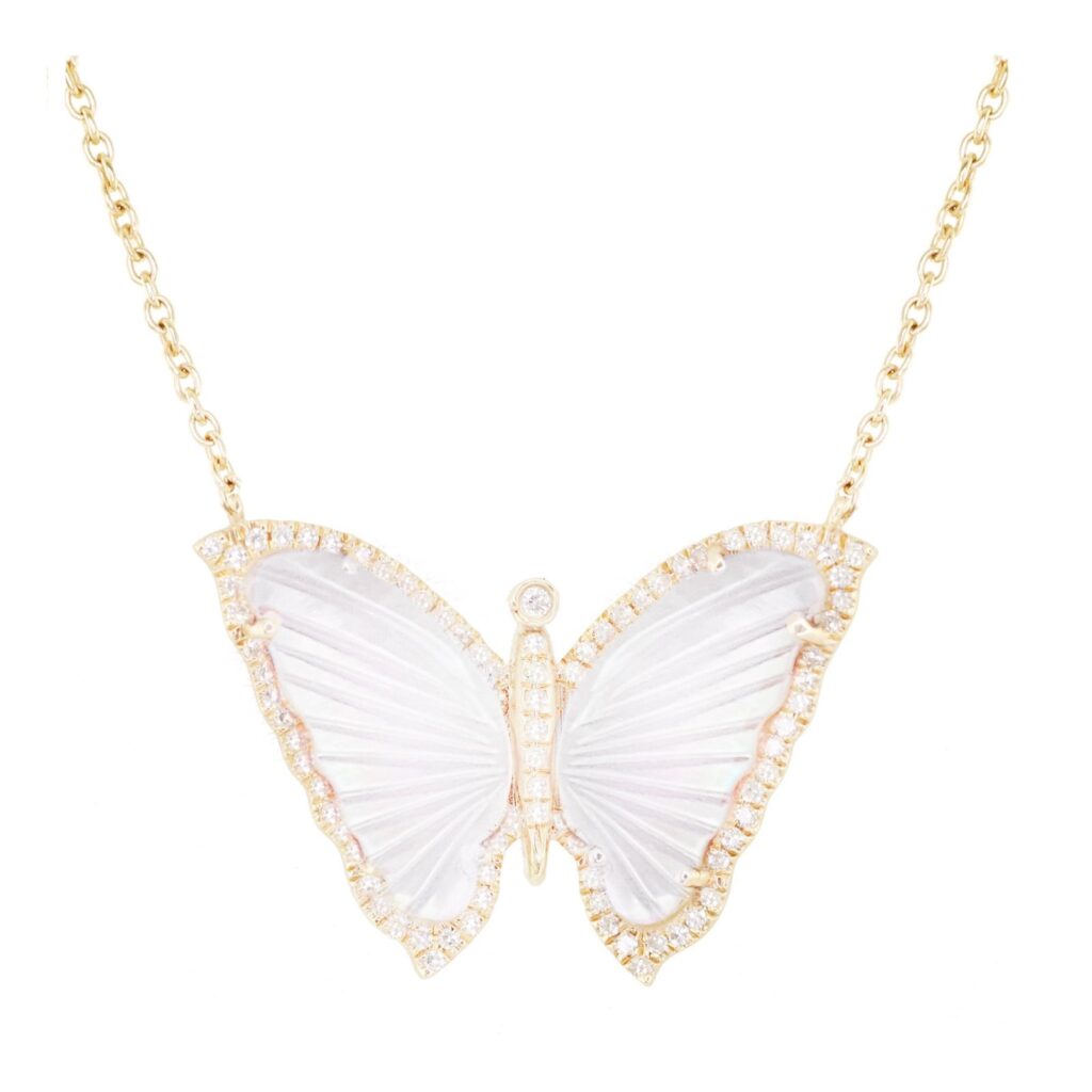 925 Sterling Silver Diamond White Mother of Pearl Baby Butterfly Necklace