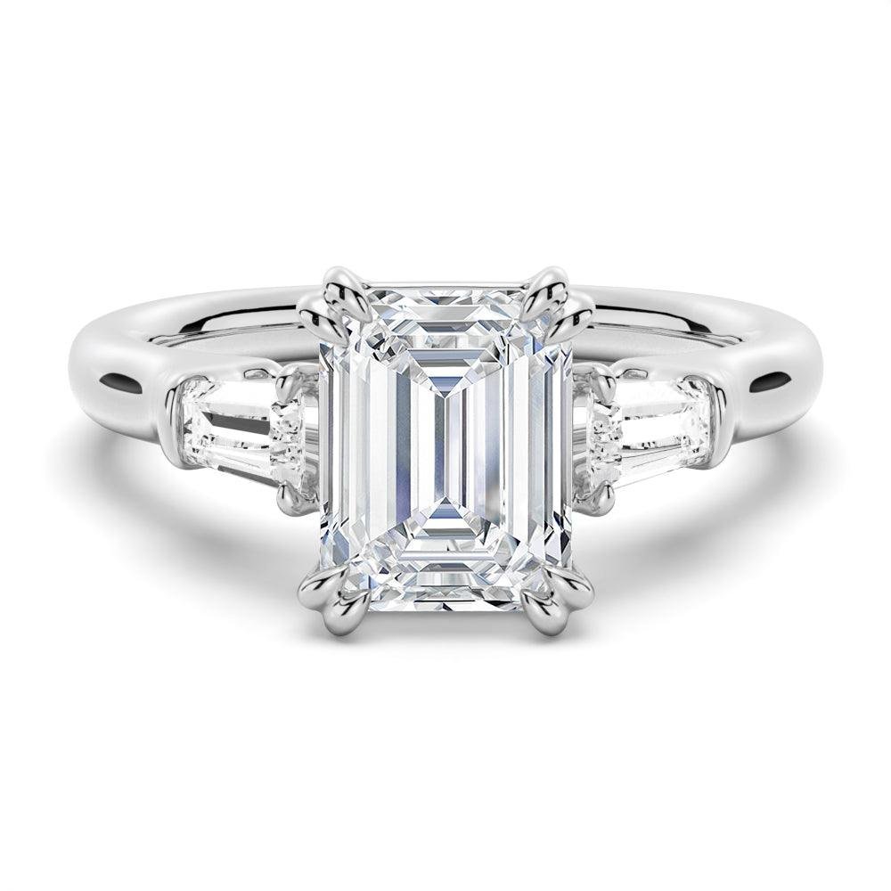 925 Sterling Silver Double Prong Emerald Cut Diamond Engagement Ring Tapered Baguette Stones