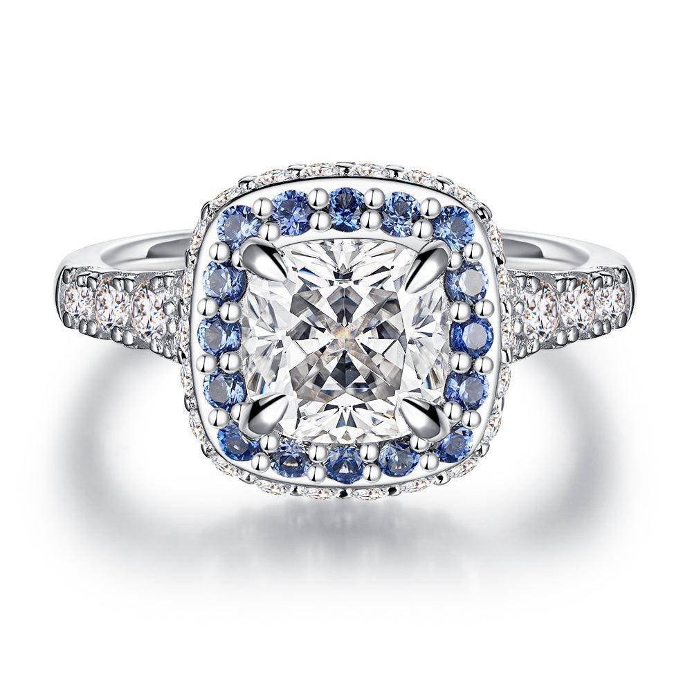 925 Sterling Silver Double Sapphire Halo Cushion Cut Diamond Engagement Ring Split Band