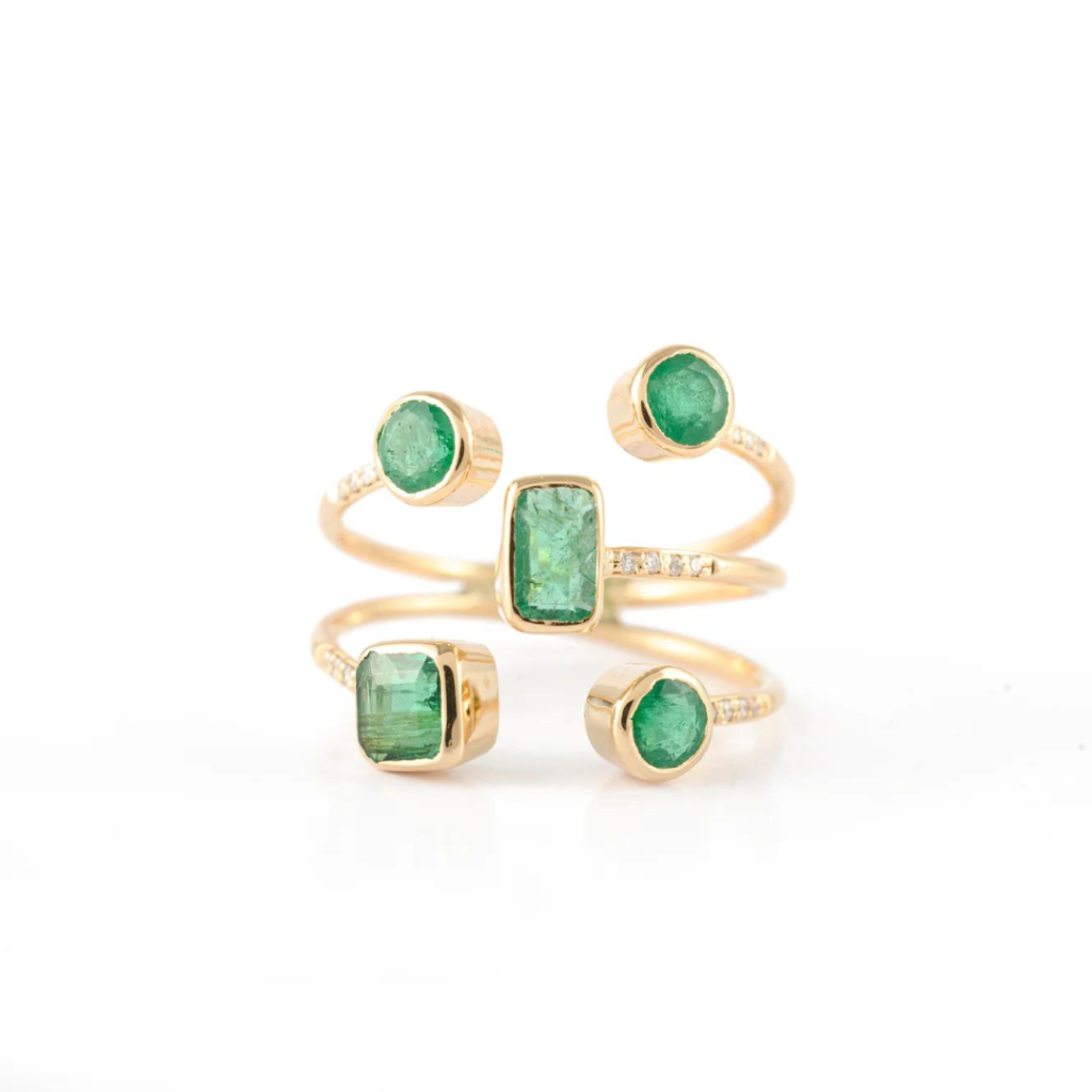925 Sterling Silver Emerald Adjustable Diamond Ring
