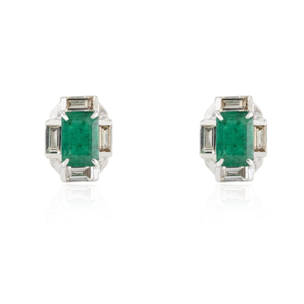925 Sterling Silver Emerald and Baguette Diamond Halo Stud Earrings