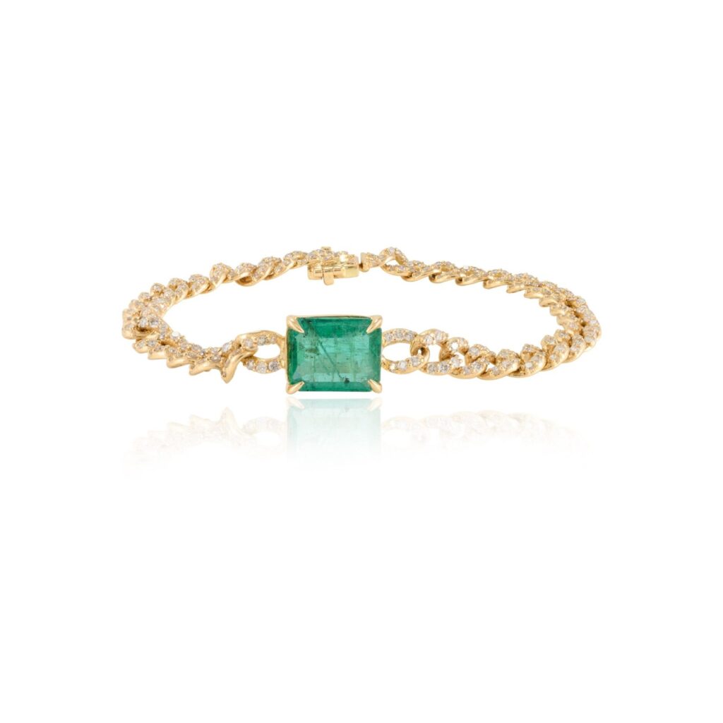 925 Sterling Silver Emerald and Diamond Curb Chain Bracelet