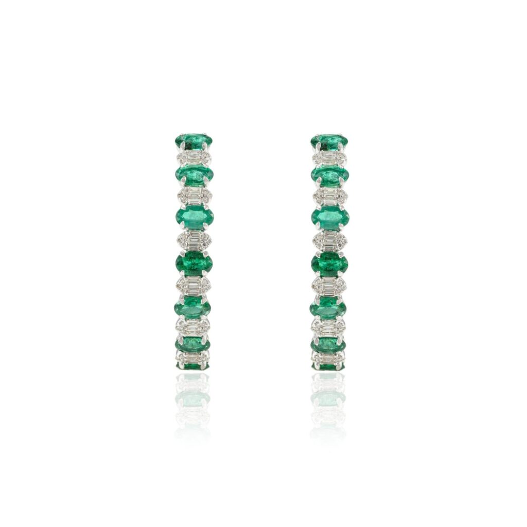 925 Sterling Silver Emerald and Diamond Designer Hoop Earrings