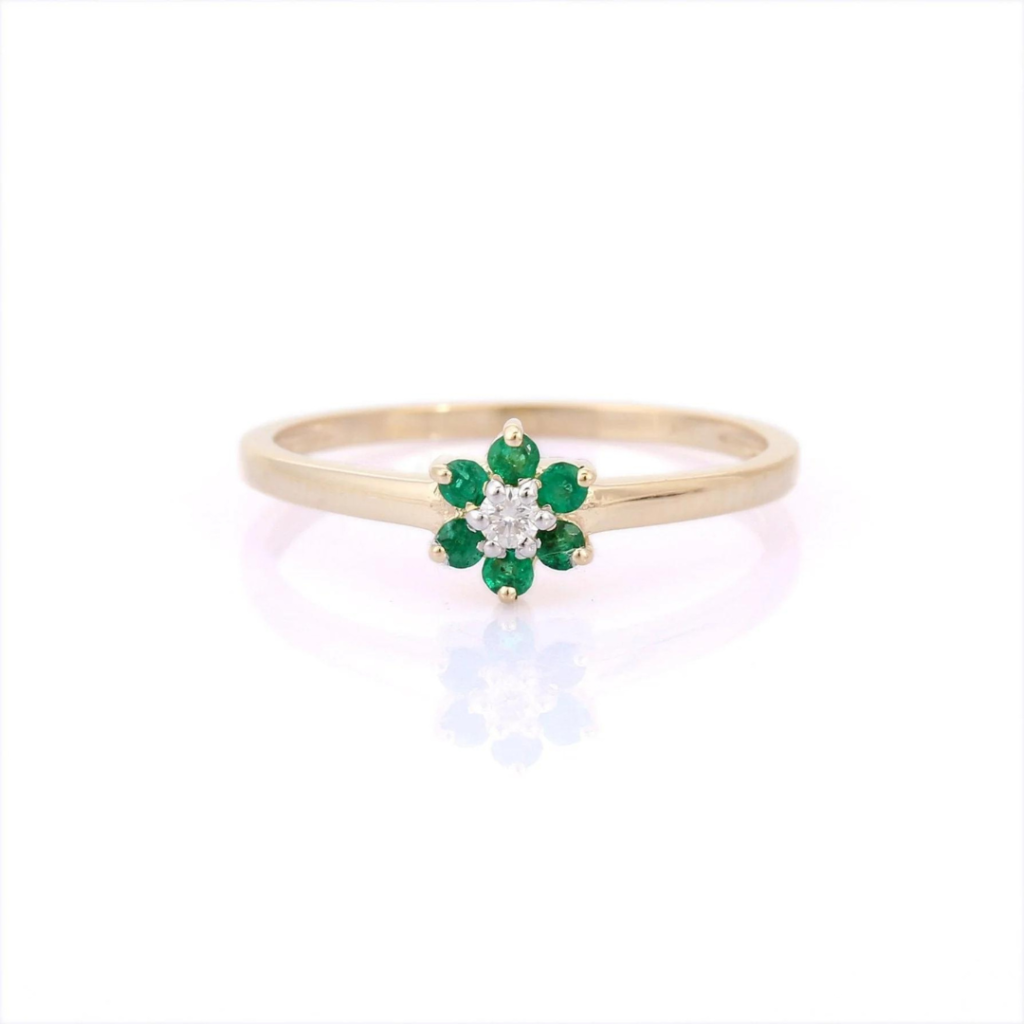 925 Sterling Silver Emerald and Diamond Flower Ring