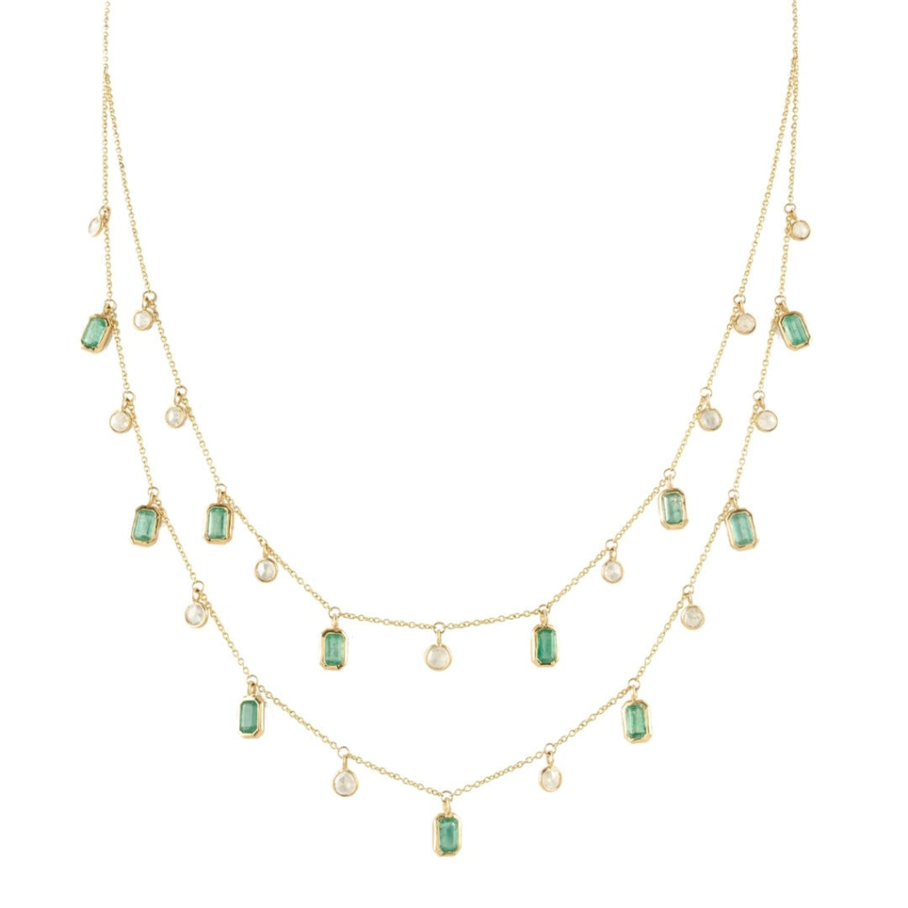 925 Sterling Silver Emerald and Diamond Station Charm Necklace