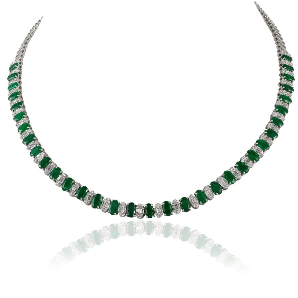 925 Sterling Silver Emerald and Diamond Tennis Necklace