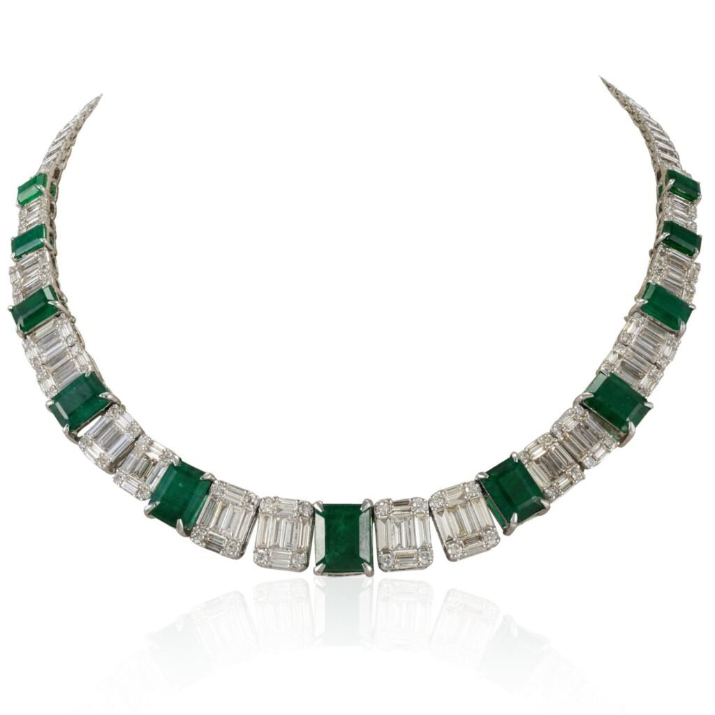 925 Sterling Silver Emerald and Diamond Tennis Necklace