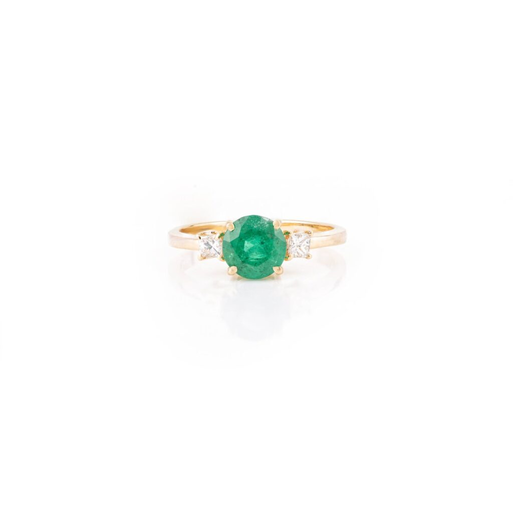 925 Sterling Silver Emerald and Diamond Three Stone Engagement Ring