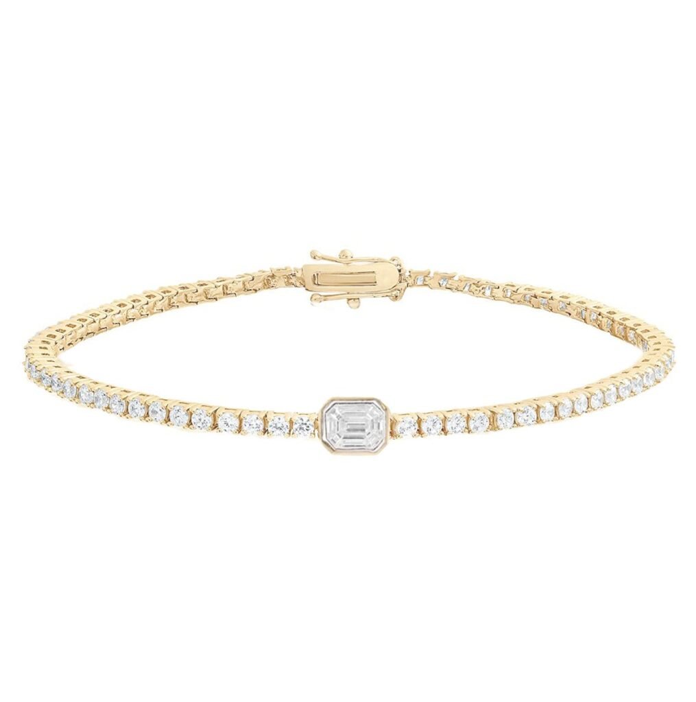 925 Sterling Silver Emerald Cut Diamond Bezel Whisper Tennis Bracelet