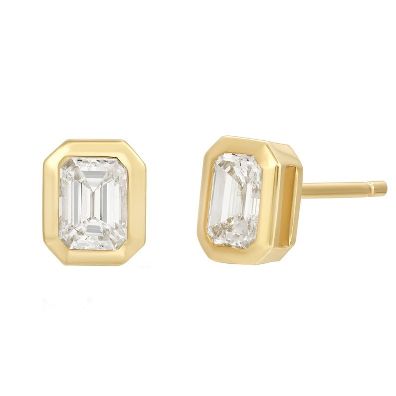 925 Sterling Silver Emerald Cut Diamond Mini Bezel Stud Earrings